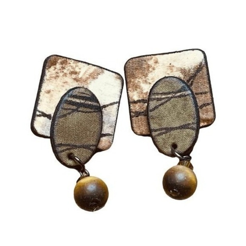 Vintage Handcrafted Earrings Tan‎ Brown Abstract Wood Bead Dangle Pierced Tribal